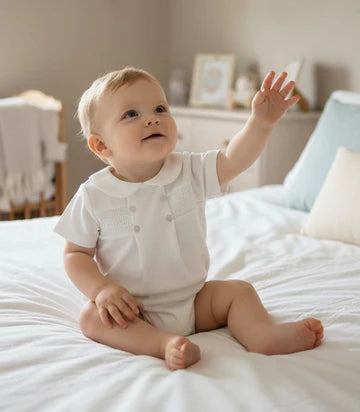 Pex Smocked Cotton Romper Suit Ivory