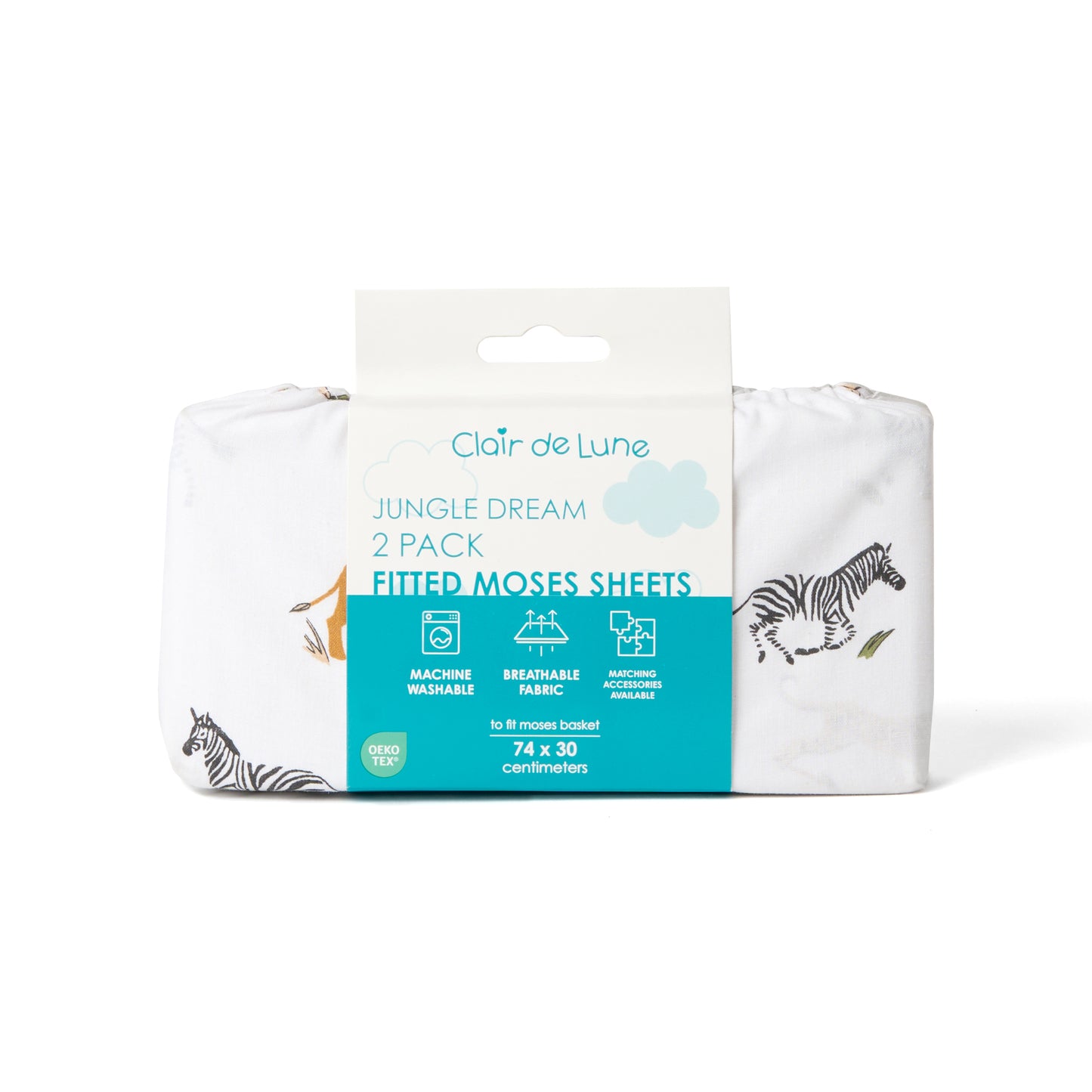 Clair de Lune Jungle Dream 2 Pack Moses Basket Sheets - 74 x 30 cm