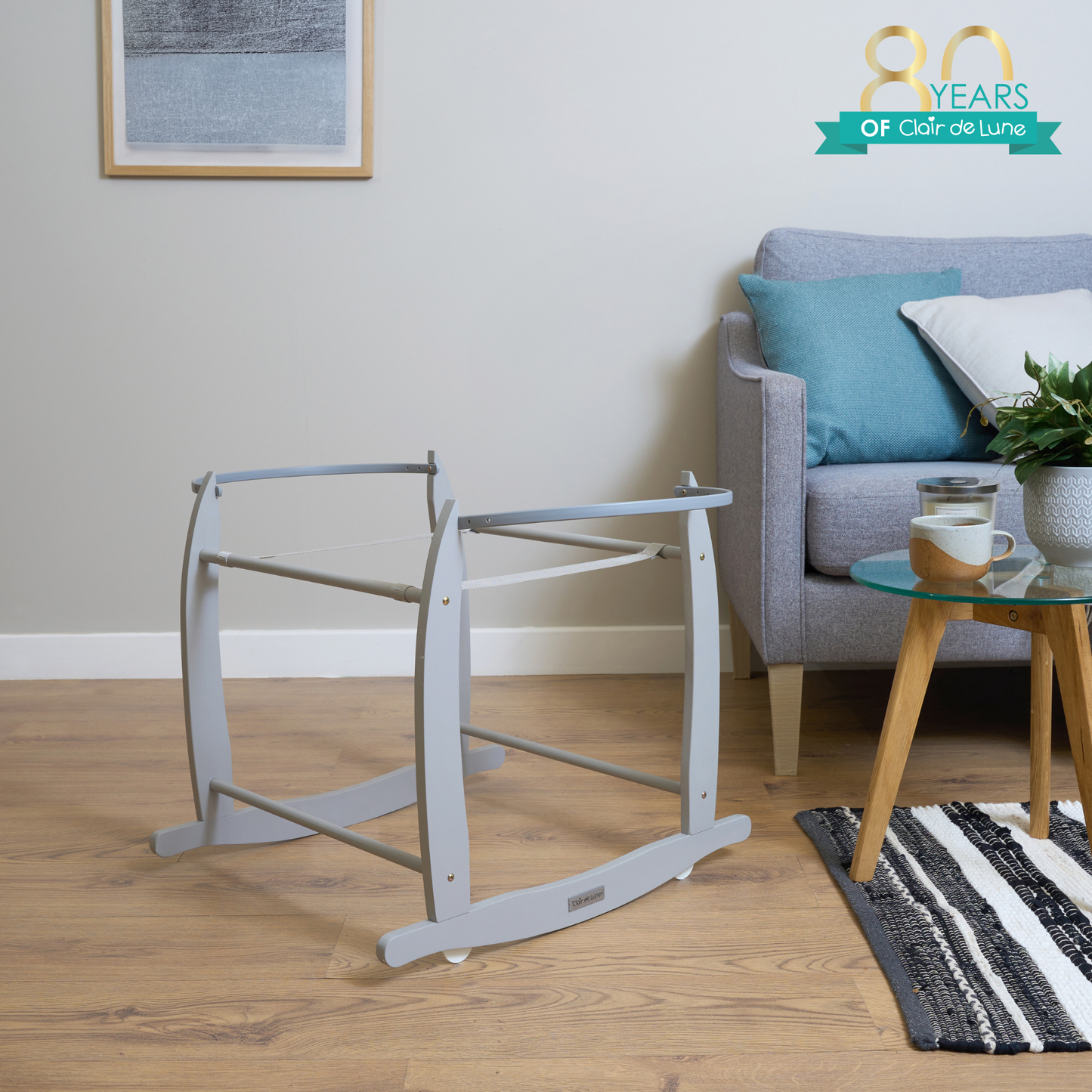Clair de Lune Grey Deluxe Wooden Moses Basket Rocking Stand