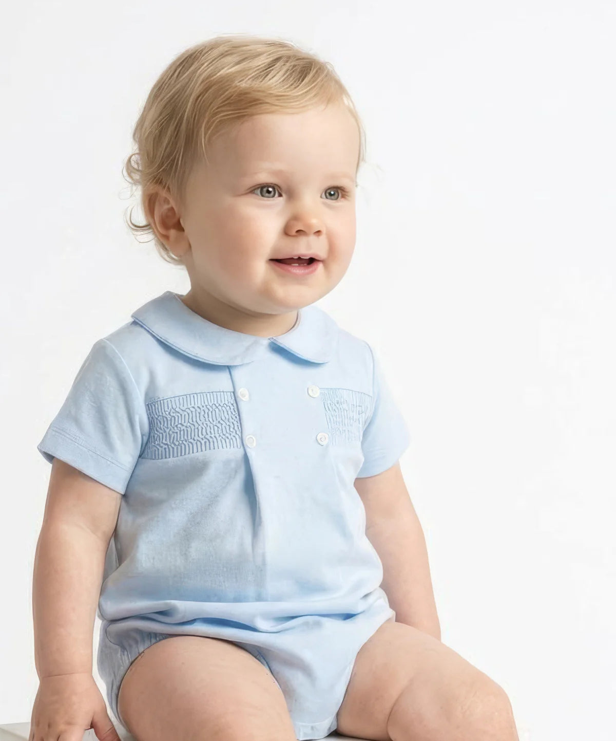 Pex Smocked Cotton Romper Suit Blue