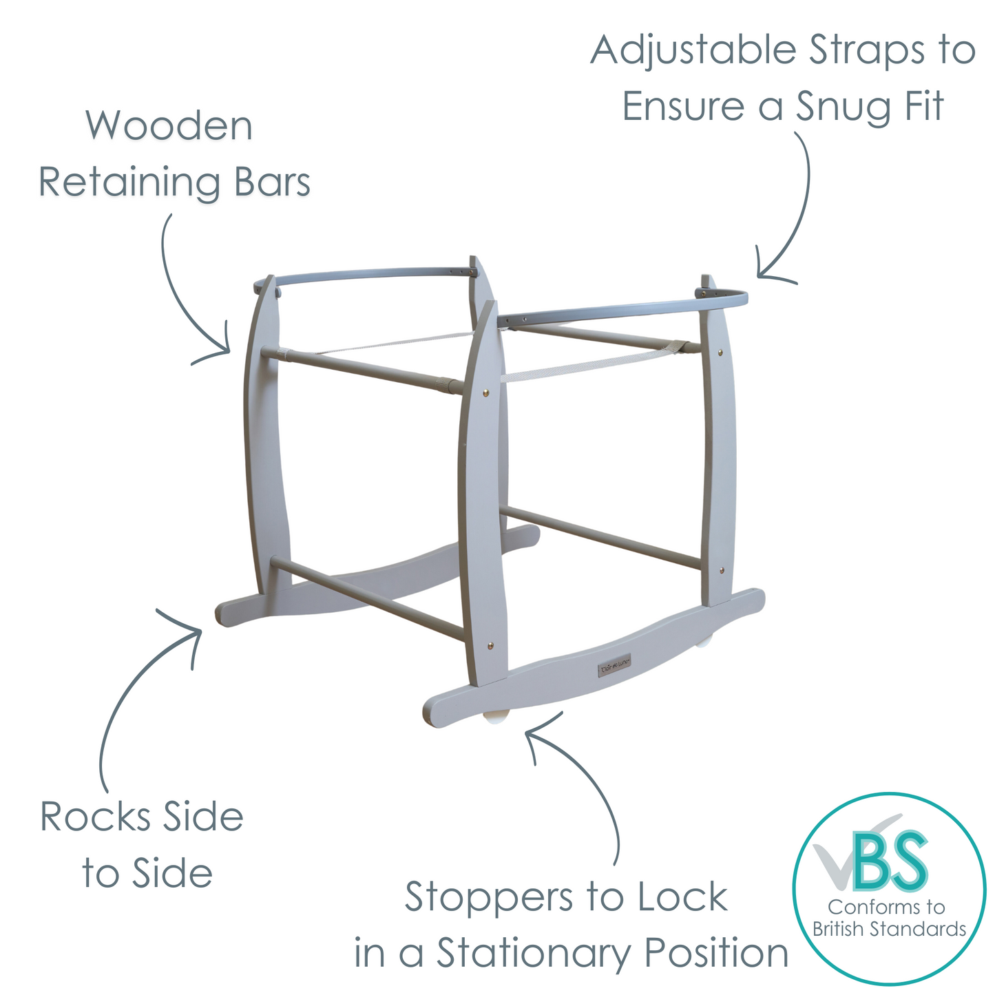 Clair de Lune Grey Deluxe Wooden Moses Basket Rocking Stand