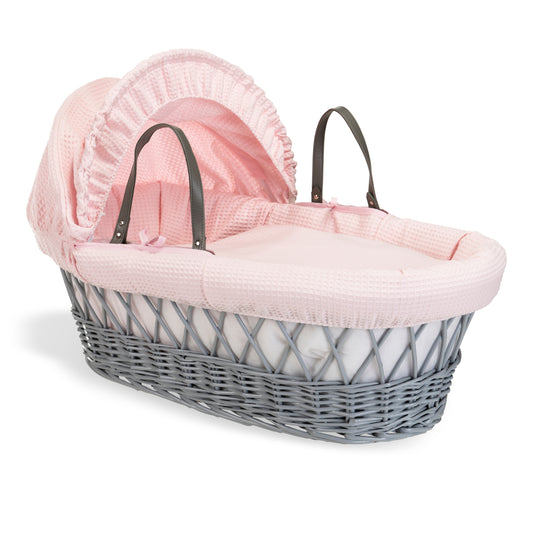 Clair de Lune Pink Waffle Grey Wicker Moses Basket
