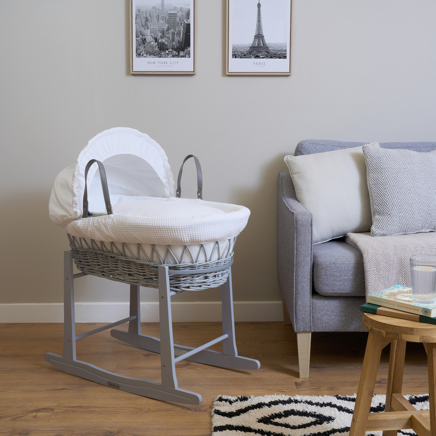 Clair de Lune Grey Wooden Moses Basket Rocking Stand