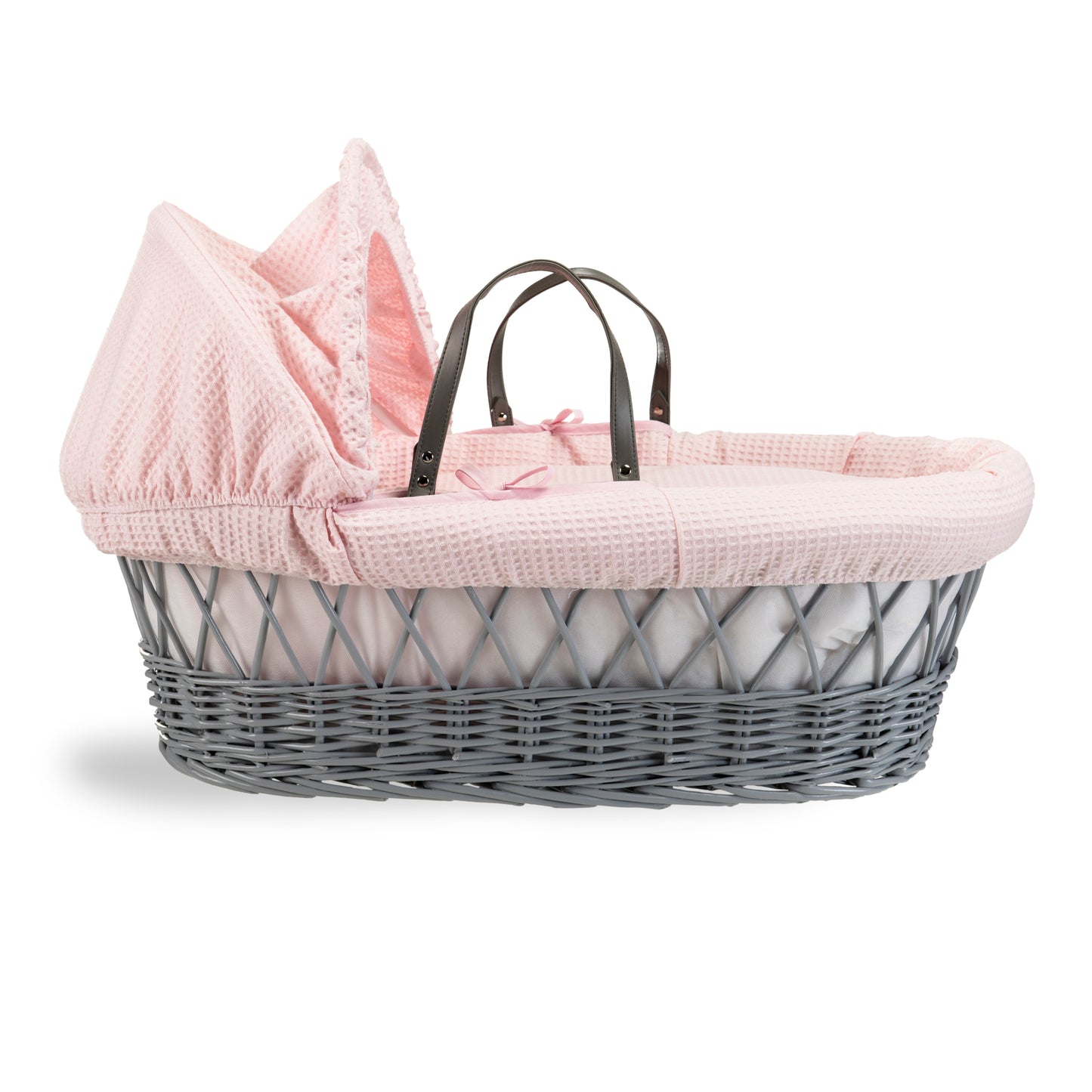 Clair de Lune Pink Waffle Grey Wicker Moses Basket