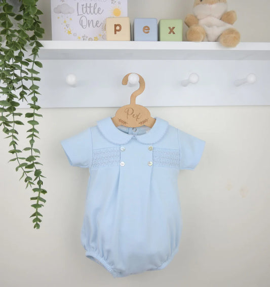 Pex Smocked Cotton Romper Suit Blue