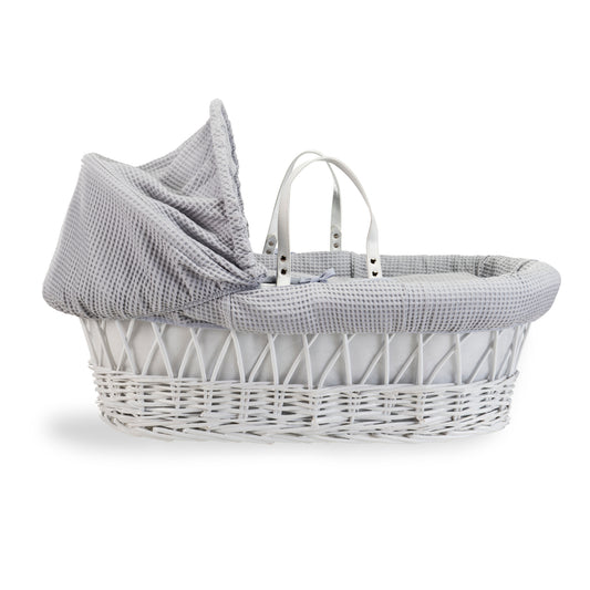 Clair de Lune Grey Waffle White Wicker Moses Basket