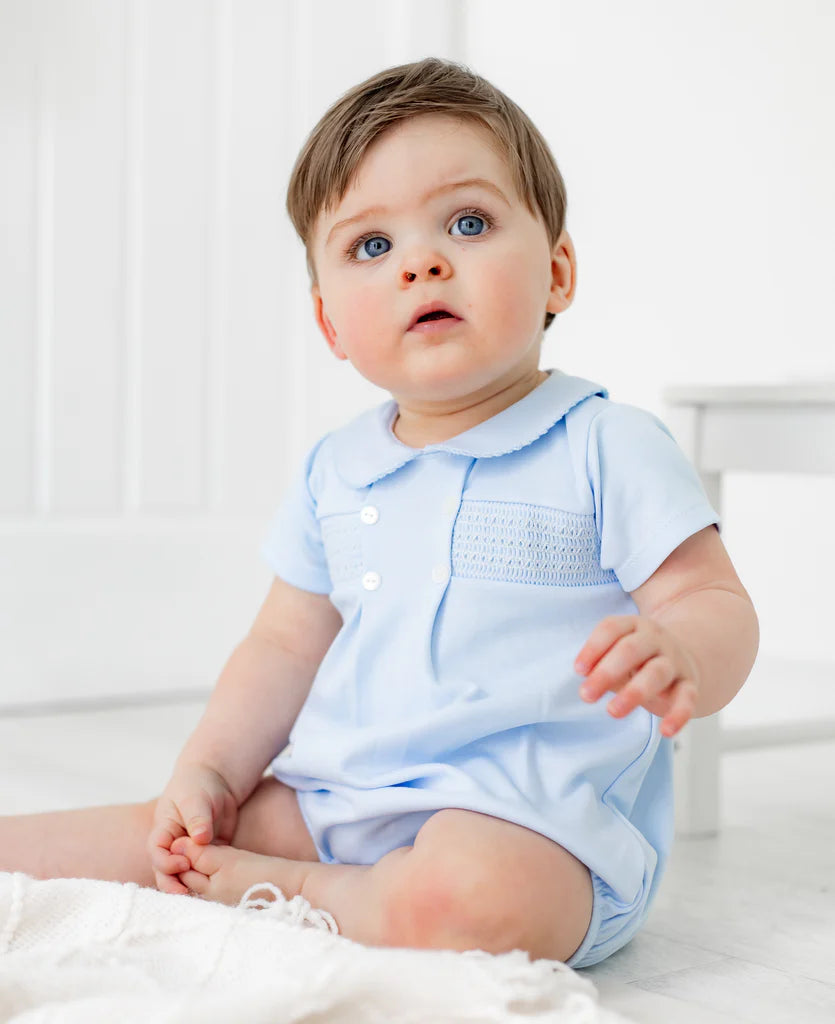 Pex Smocked Cotton Romper Suit Blue